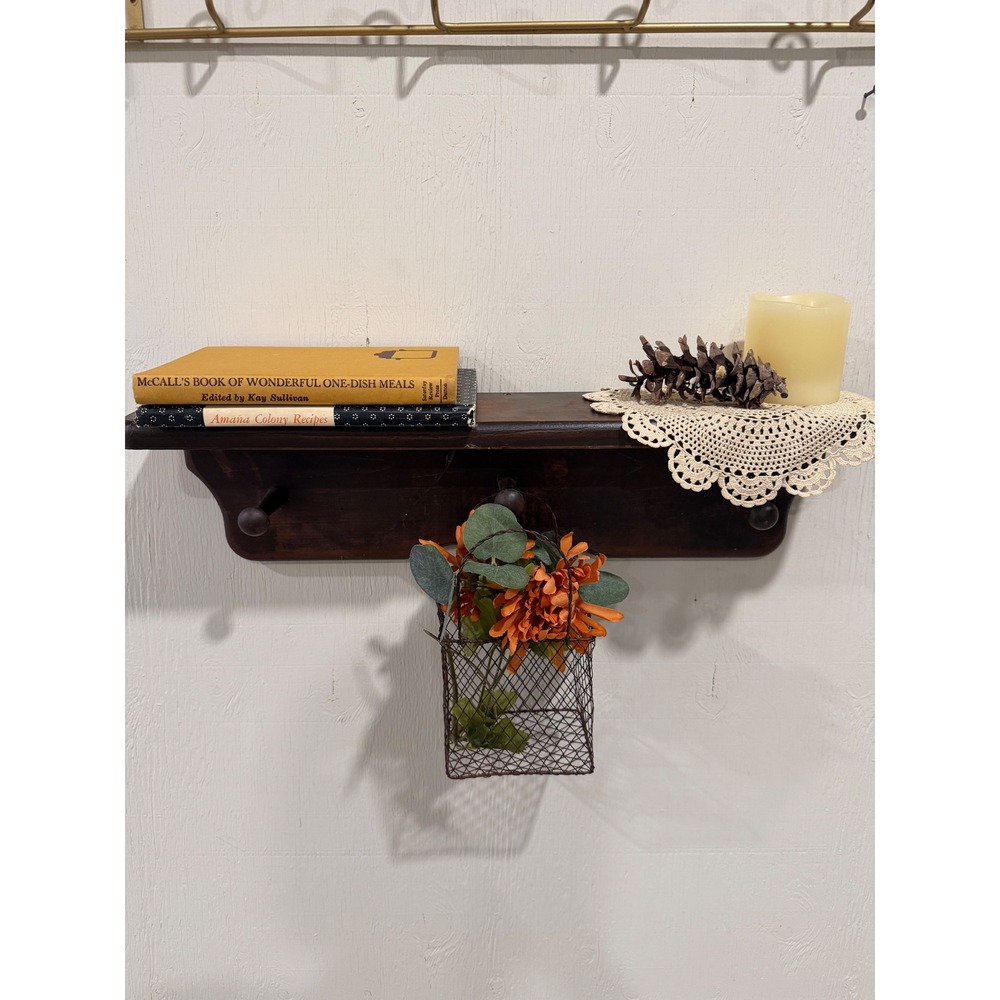 Vintage Rustic Dark Wood Wall Shelf with 3 Pegs Farmhouse Coat Rack 23 Inch